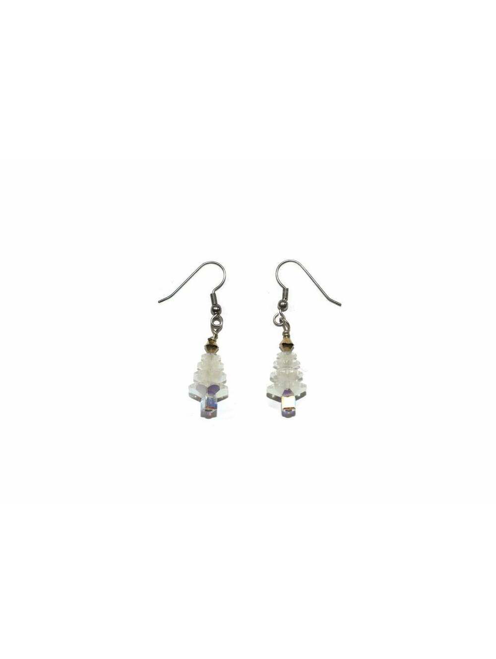 Vintage Silver Tone and Clear Crystals Christmas Tree Dangle Earrings.